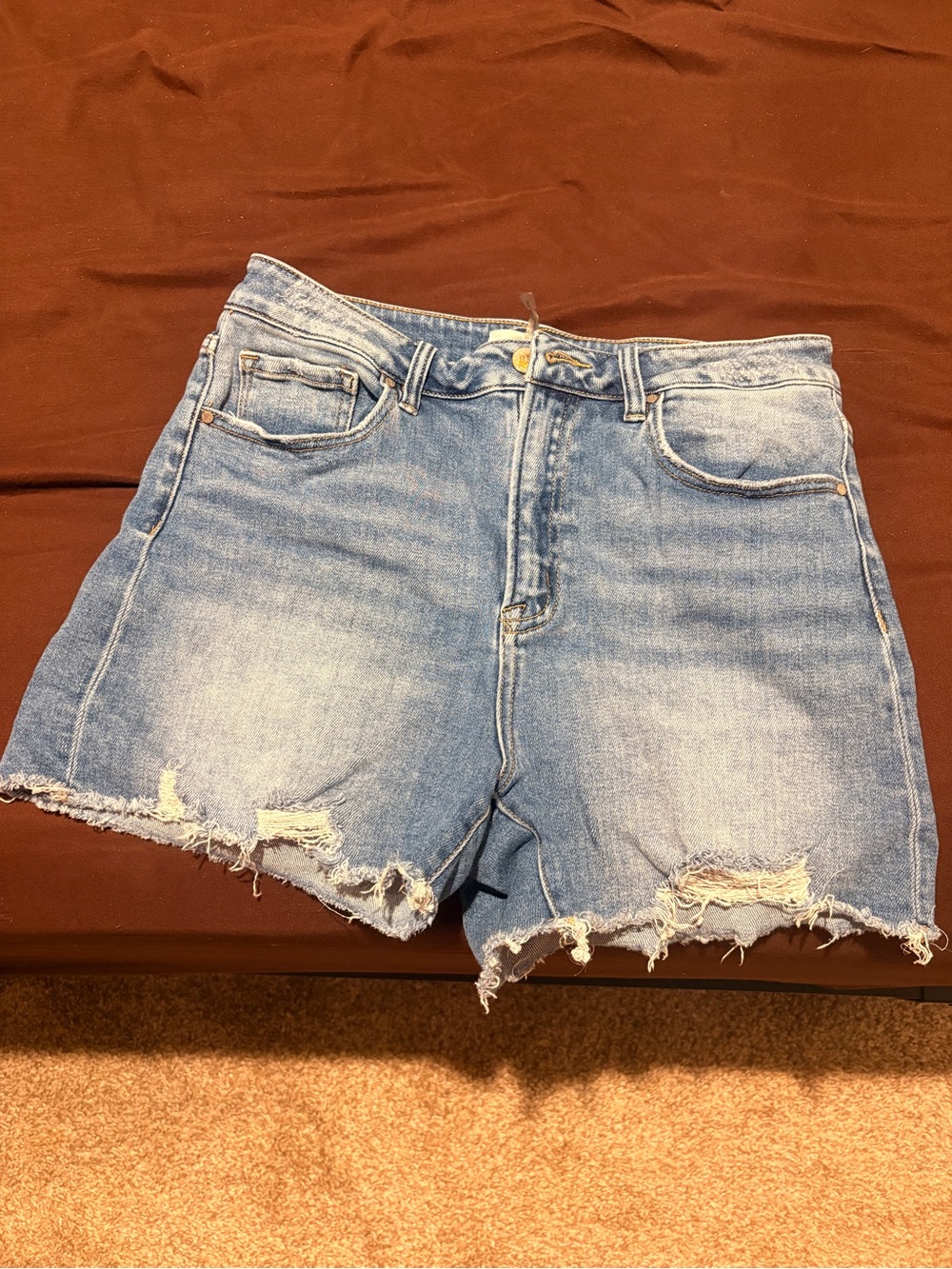 Womens Light Blue Distressed High-Rise Denim Shorts